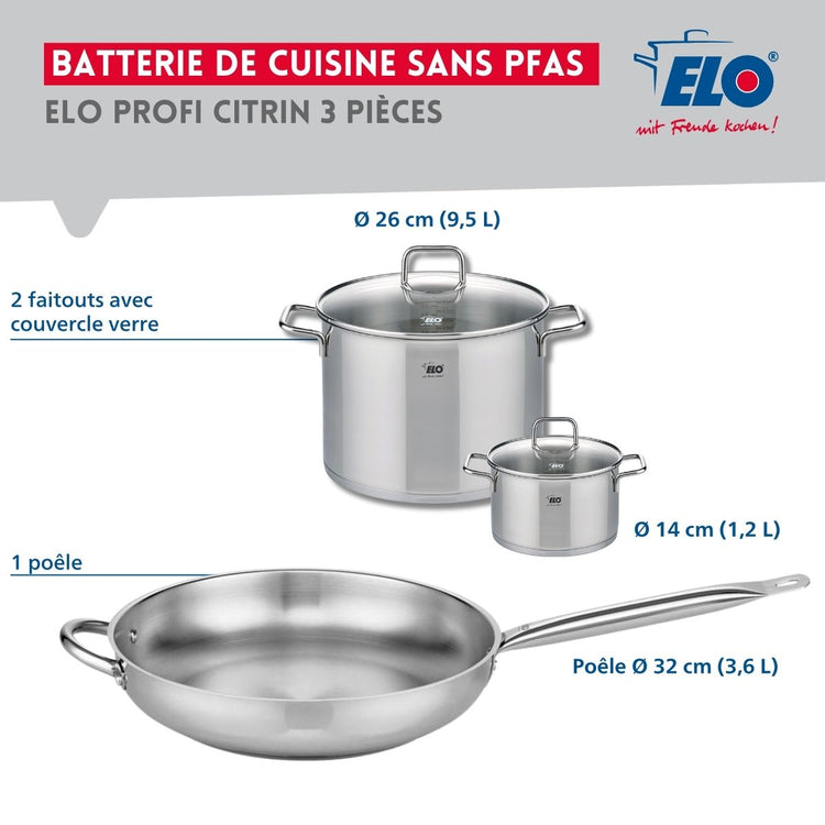 Ensemble de 1 Poêle de cuisson 32 cm et 2 faitouts 14 et 26 cm Elo Profi Citrin