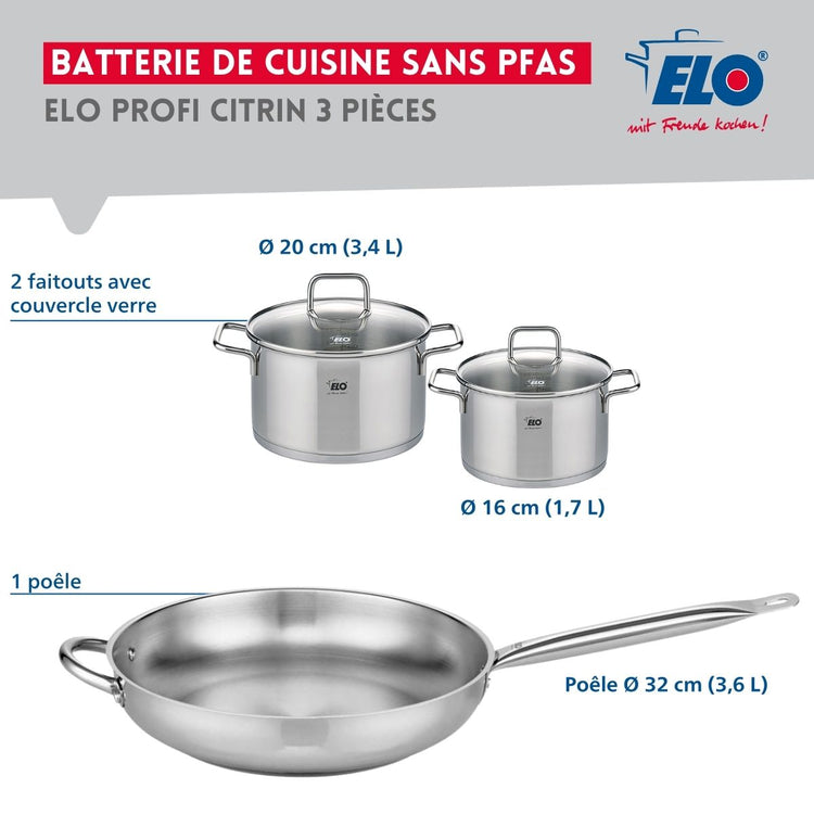 Ensemble de 1 Poêle de cuisson 32 cm et 2 faitouts 16 et 20 cm Elo Profi Citrin