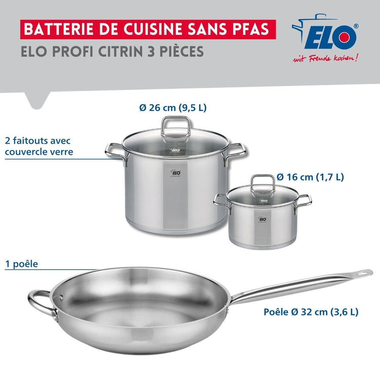 Ensemble de 1 Poêle de cuisson 32 cm et 2 faitouts 16 et 26 cm Elo Profi Citrin