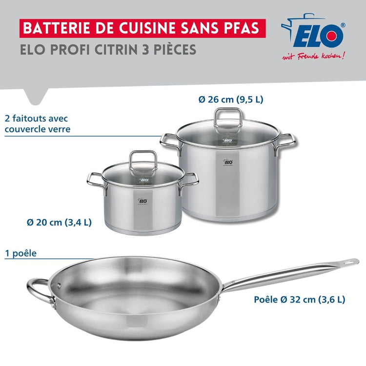 Ensemble de 1 Poêle de cuisson 32 cm et 2 faitouts 20 et 26 cm Elo Profi Citrin