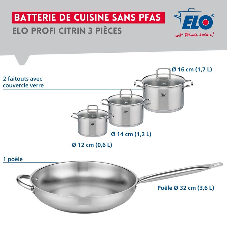 Ensemble de 1 Poêle de cuisson 32 cm et 3 faitouts 12, 14 et 16 cm Elo Profi Citrin