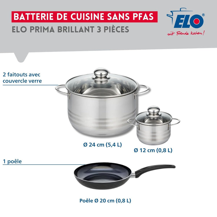 Ensemble de 1 Poêle de cuisson 20 cm et 2 faitouts 12 et 24 cm Elo Prima Brillant