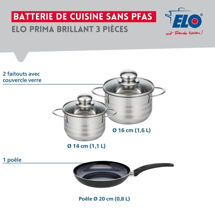 Ensemble de 1 Poêle de cuisson 20 cm et 2 faitouts 14 et 16 cm Elo Prima Brillant