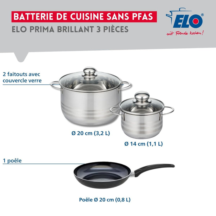 Ensemble de 1 Poêle de cuisson 20 cm et 2 faitouts 14 et 20 cm Elo Prima Brillant