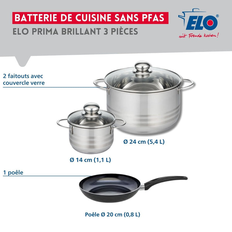 Ensemble de 1 Poêle de cuisson 20 cm et 2 faitouts 14 et 24 cm Elo Prima Brillant