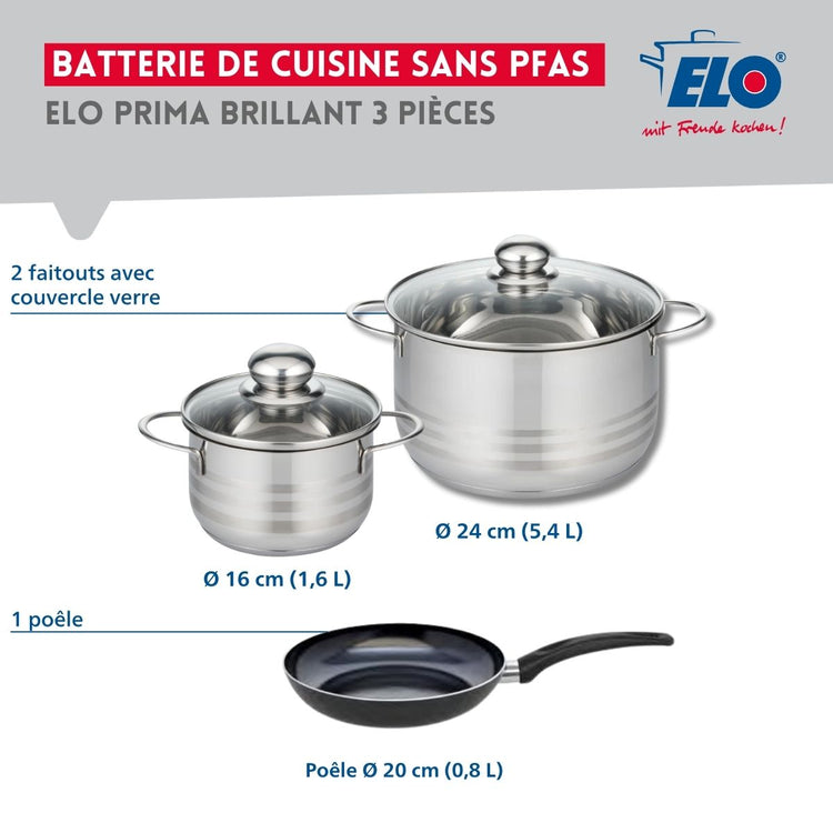 Ensemble de 1 Poêle de cuisson 20 cm et 2 faitouts 16 et 24 cm Elo Prima Brillant