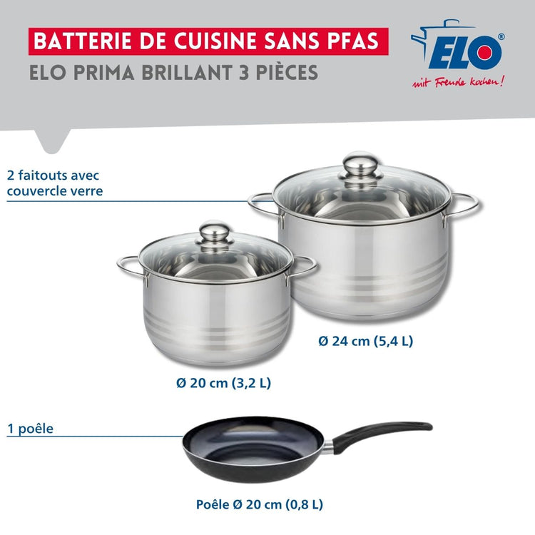 Ensemble de 1 Poêle de cuisson 20 cm et 2 faitouts 20 et 24 cm Elo Prima Brillant