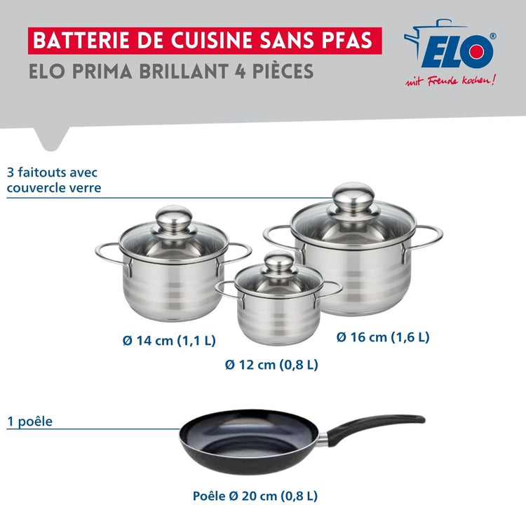 Ensemble de 1 Poêle de cuisson 20 cm et 3 faitouts 12, 14 et 16 cm Elo Prima Brillant