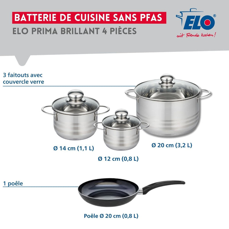 Ensemble de 1 Poêle de cuisson 20 cm et 3 faitouts 12, 14 et 20 cm Elo Prima Brillant