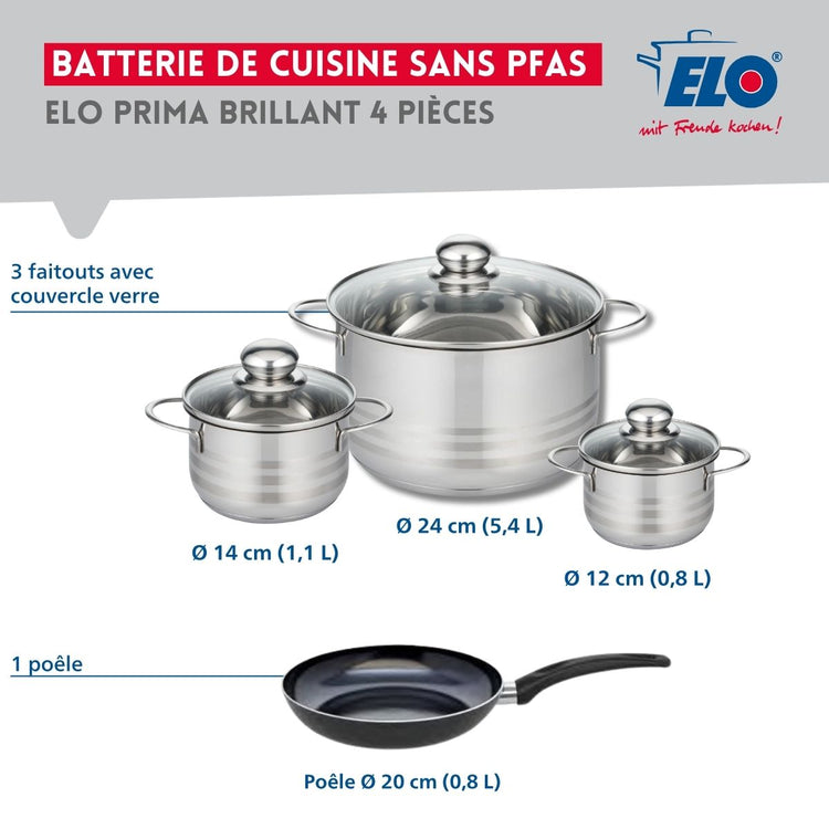 Ensemble de 1 Poêle de cuisson 20 cm et 3 faitouts 12, 14 et 24 cm Elo Prima Brillant