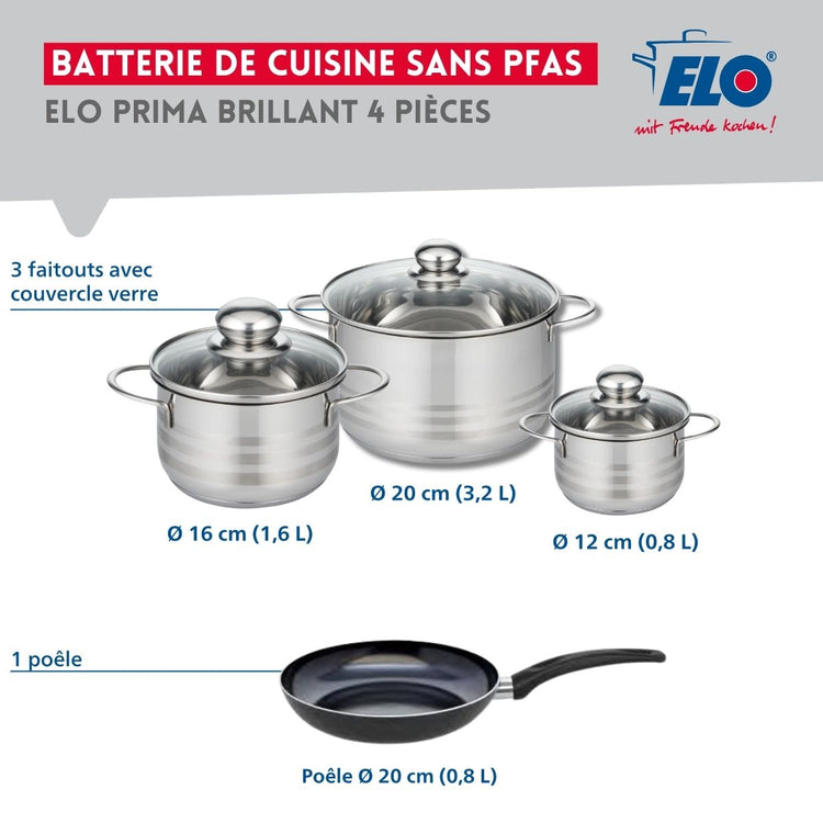 Ensemble de 1 Poêle de cuisson 20 cm et 3 faitouts 12, 16 et 20 cm Elo Prima Brillant