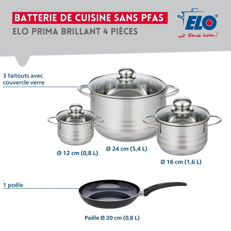 Ensemble de 1 Poêle de cuisson 20 cm et 3 faitouts 12, 16 et 24 cm Elo Prima Brillant