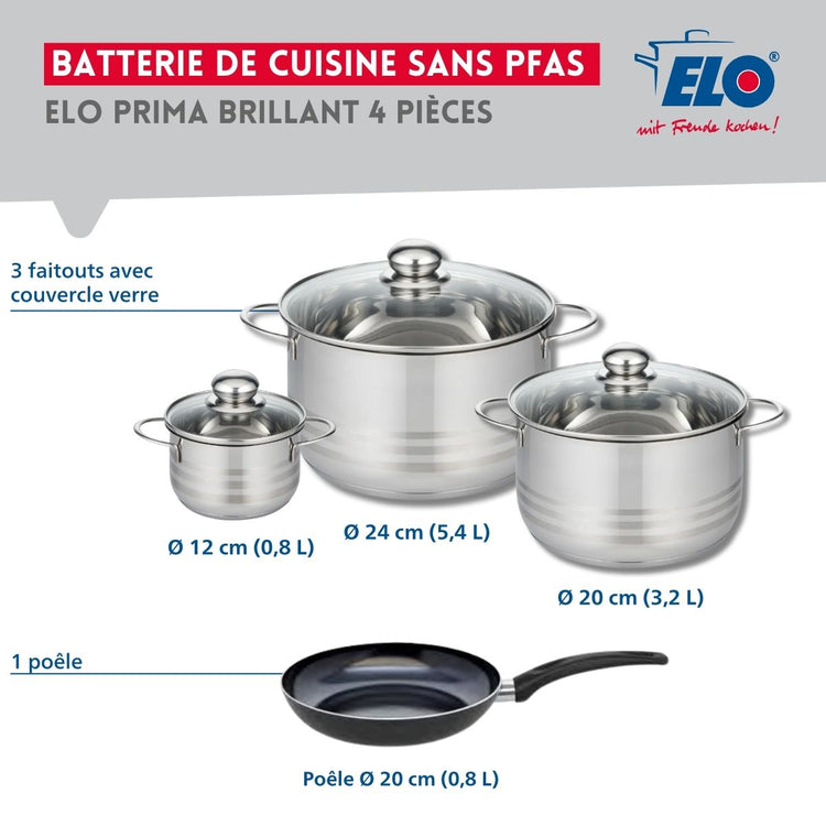 Ensemble de 1 Poêle de cuisson 20 cm et 3 faitouts 12, 20 et 24 cm Elo Prima Brillant