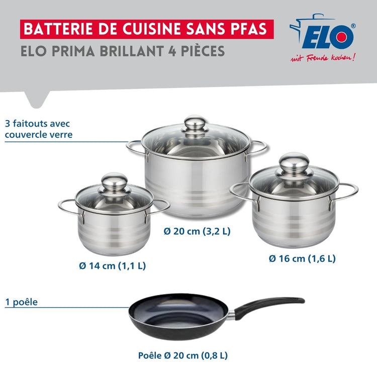 Ensemble de 1 Poêle de cuisson 20 cm et 3 faitouts 14, 16 et 20 cm Elo Prima Brillant