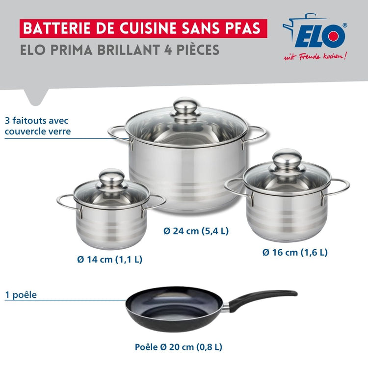 Ensemble de 1 Poêle de cuisson 20 cm et 3 faitouts 14, 16 et 24 cm Elo Prima Brillant