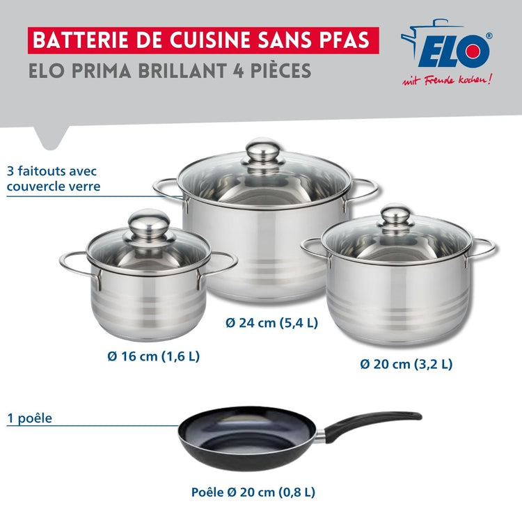 Ensemble de 1 Poêle de cuisson 20 cm et 3 faitouts 16, 20 et 24 cm Elo Prima Brillant