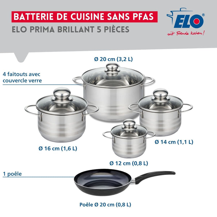 Ensemble de 1 Poêle de cuisson 20 cm et 4 faitouts 12, 14, 16 et 20 cm Elo Prima Brillant