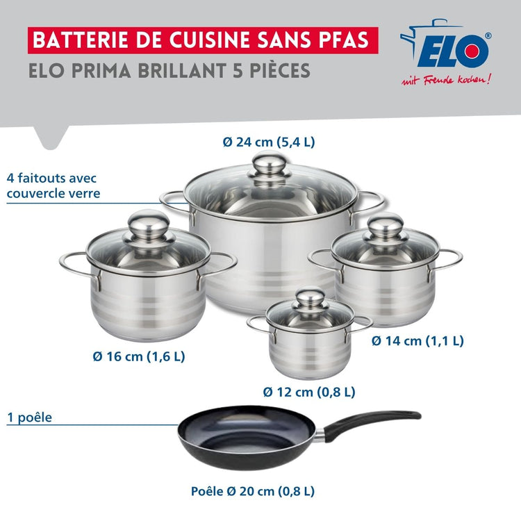 Ensemble de 1 Poêle de cuisson 20 cm et 4 faitouts 12, 14, 16 et 24 cm Elo Prima Brillant