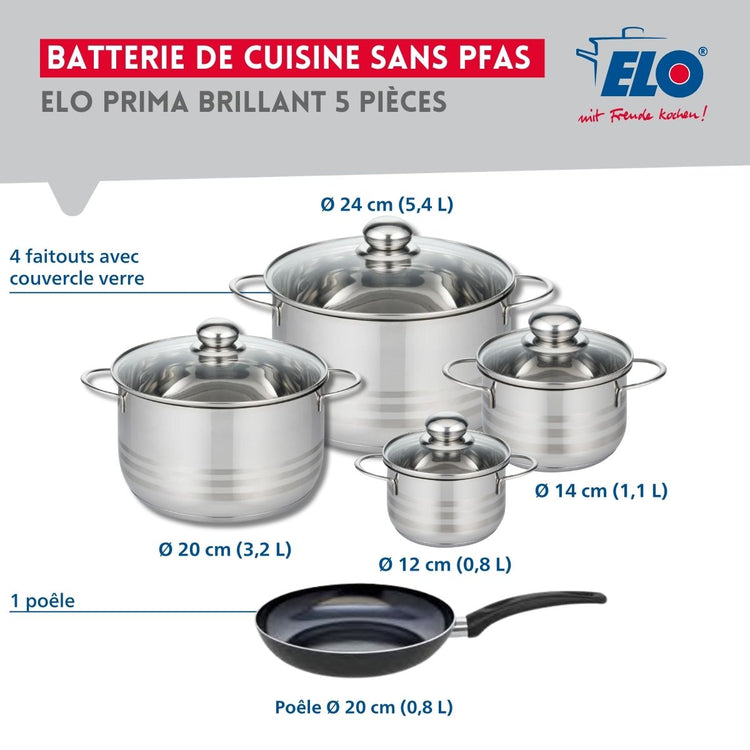 Ensemble de 1 Poêle de cuisson 20 cm et 4 faitouts 12, 14, 20 et 24 cm Elo Prima Brillant