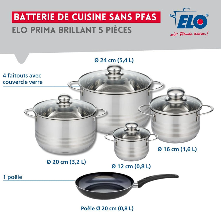 Ensemble de 1 Poêle de cuisson 20 cm et 4 faitouts 12, 16, 20 et 24 cm Elo Prima Brillant