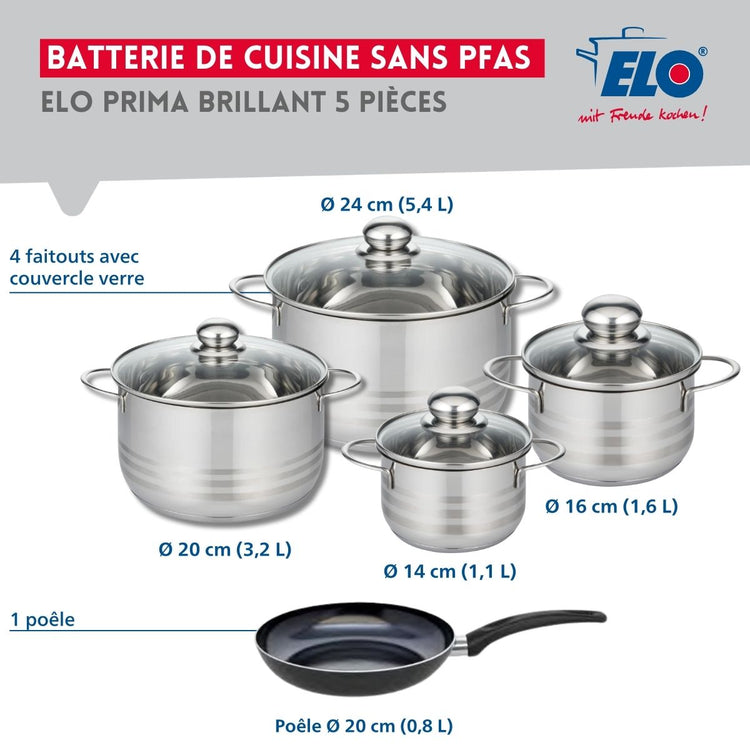 Ensemble de 1 Poêle de cuisson 20 cm et 4 faitouts 14, 16, 20 et 24 cm Elo Prima Brillant