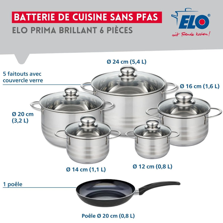 Ensemble de 1 Poêle de cuisson 20 cm et 5 faitouts 12, 14, 16, 20 et 24 cm Elo Prima Brillant