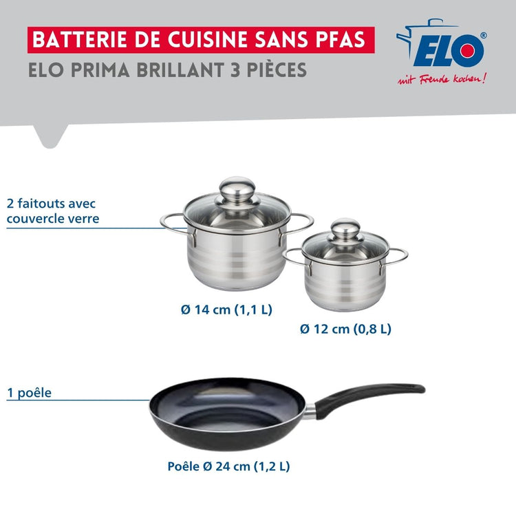 Ensemble de 1 Poêle de cuisson 24 cm et 2 faitouts 12 et 14 cm Elo Prima Brillant