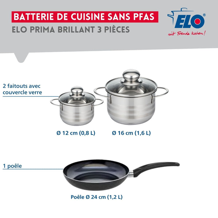 Ensemble de 1 Poêle de cuisson 24 cm et 2 faitouts 12 et 16 cm Elo Prima Brillant