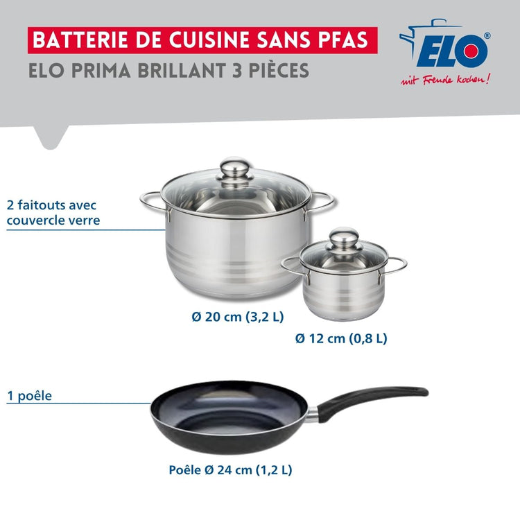 Ensemble de 1 Poêle de cuisson 24 cm et 2 faitouts 12 et 20 cm Elo Prima Brillant