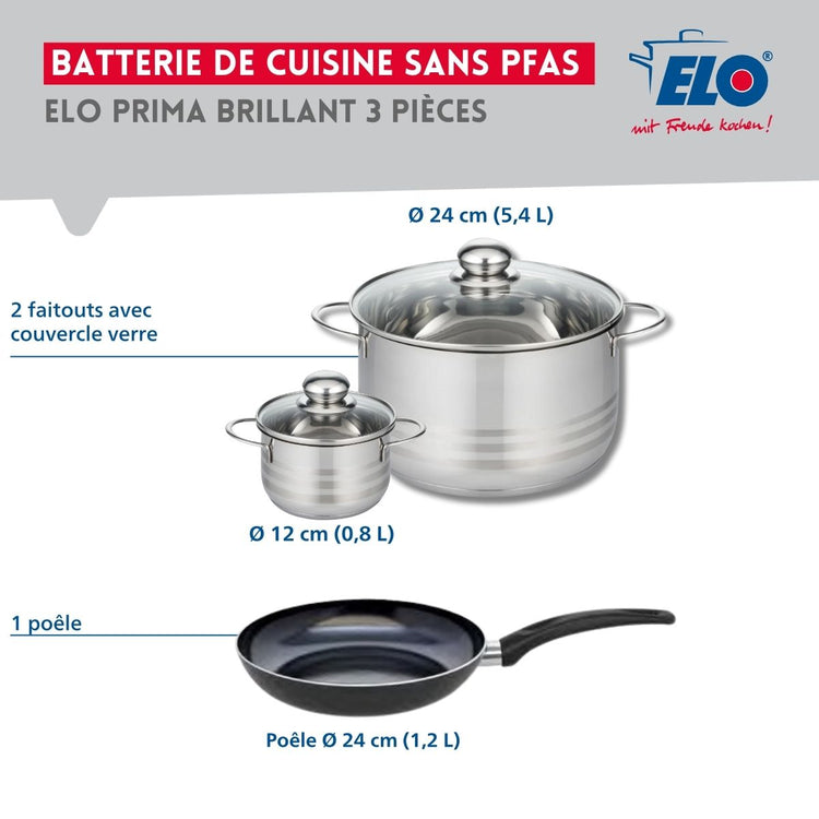 Ensemble de 1 Poêle de cuisson 24 cm et 2 faitouts 12 et 24 cm Elo Prima Brillant