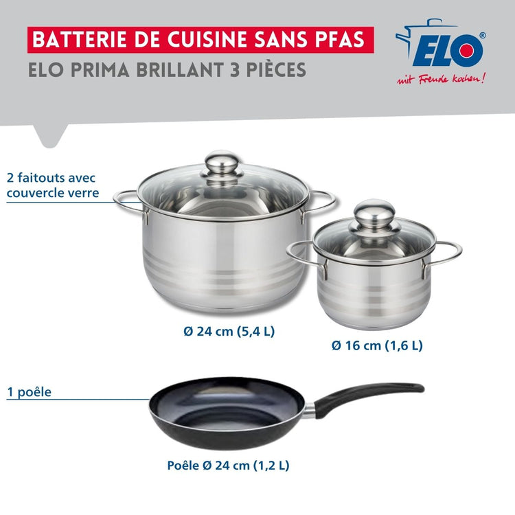 Ensemble de 1 Poêle de cuisson 24 cm et 2 faitouts 16 et 24 cm Elo Prima Brillant