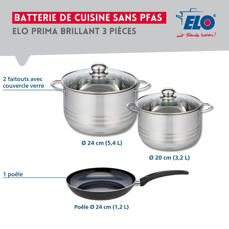 Ensemble de 1 Poêle de cuisson 24 cm et 2 faitouts 20 et 24 cm Elo Prima Brillant