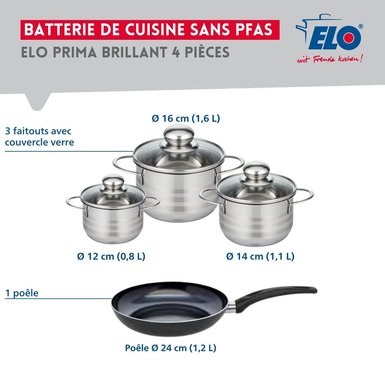 Ensemble de 1 Poêle de cuisson 24 cm et 3 faitouts 12, 14 et 16 cm Elo Prima Brillant