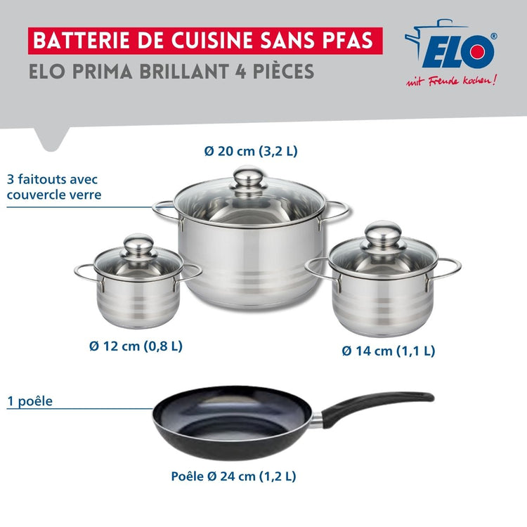 Ensemble de 1 Poêle de cuisson 24 cm et 3 faitouts 12, 14 et 20 cm Elo Prima Brillant