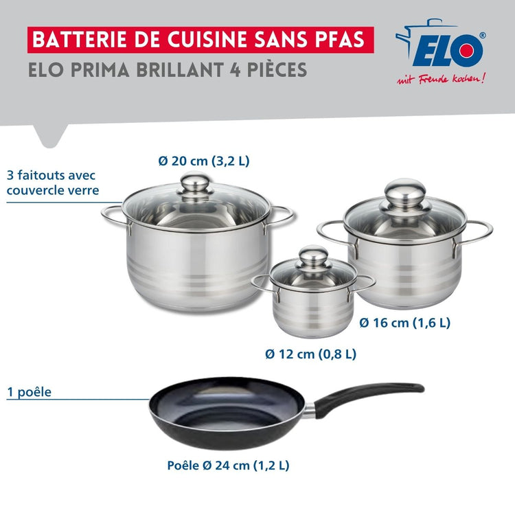 Ensemble de 1 Poêle de cuisson 24 cm et 3 faitouts 12, 16 et 20 cm Elo Prima Brillant