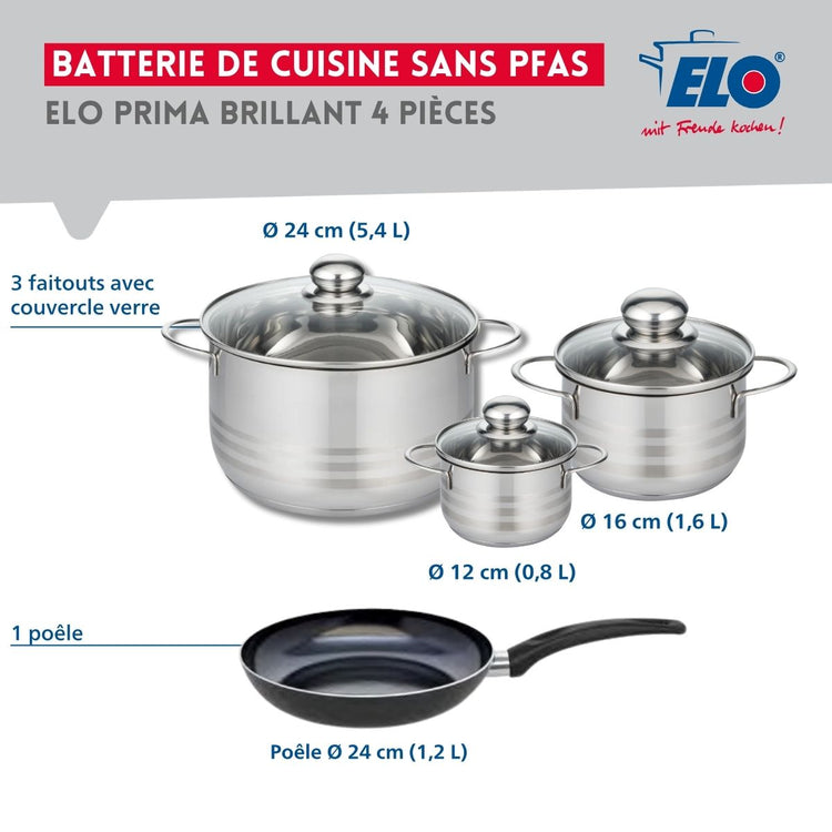 Ensemble de 1 Poêle de cuisson 24 cm et 3 faitouts 12, 16 et 24 cm Elo Prima Brillant