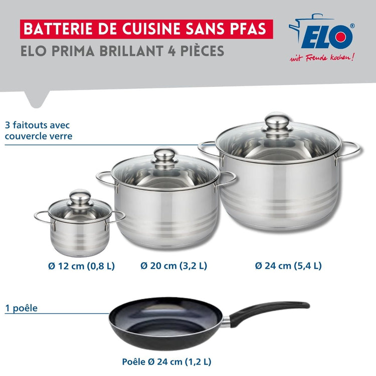 Ensemble de 1 Poêle de cuisson 24 cm et 3 faitouts 12, 20 et 24 cm Elo Prima Brillant