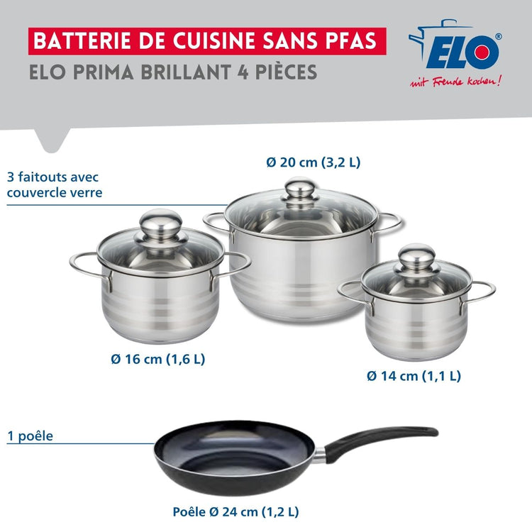 Ensemble de 1 Poêle de cuisson 24 cm et 3 faitouts 14, 16 et 20 cm Elo Prima Brillant