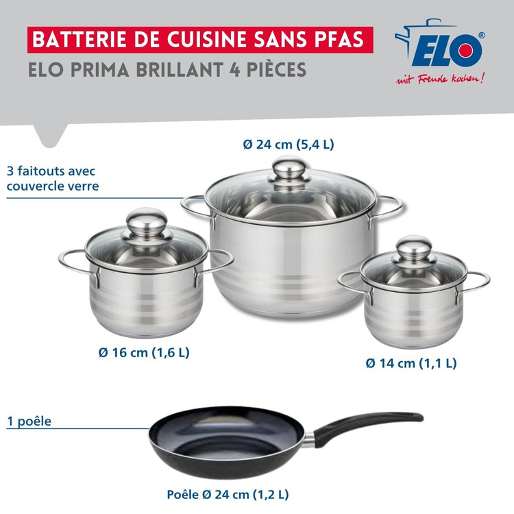 Ensemble de 1 Poêle de cuisson 24 cm et 3 faitouts 14, 16 et 24 cm Elo Prima Brillant