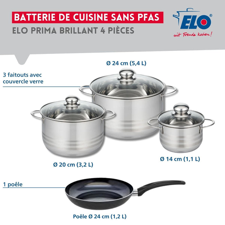 Ensemble de 1 Poêle de cuisson 24 cm et 3 faitouts 14, 20 et 24 cm Elo Prima Brillant