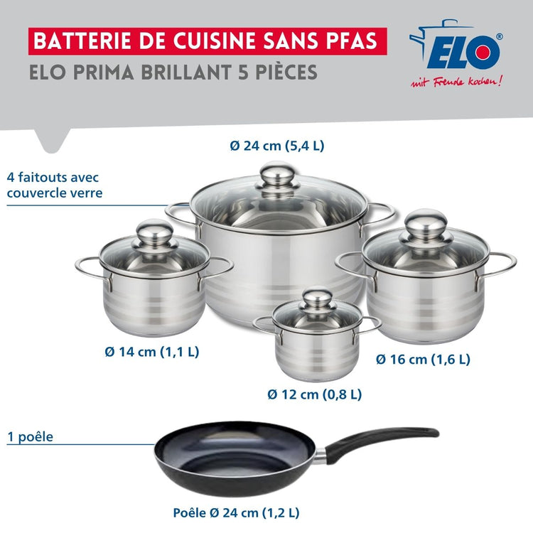 Ensemble de 1 Poêle de cuisson 24 cm et 4 faitouts 12, 14, 16 et 24 cm Elo Prima Brillant