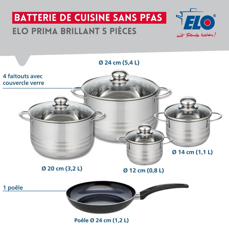 Ensemble de 1 Poêle de cuisson 24 cm et 4 faitouts 12, 14, 20 et 24 cm Elo Prima Brillant