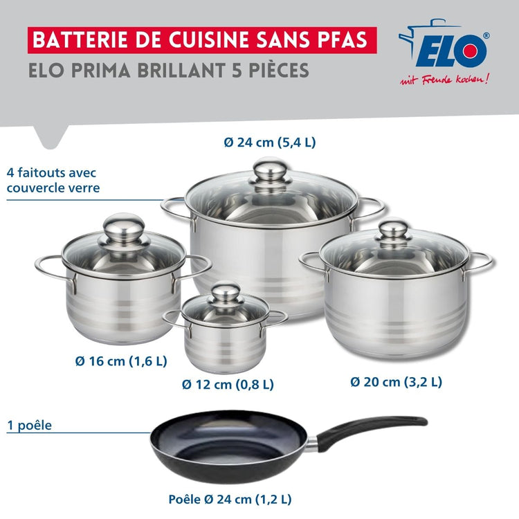 Ensemble de 1 Poêle de cuisson 24 cm et 4 faitouts 12, 16, 20 et 24 cm Elo Prima Brillant