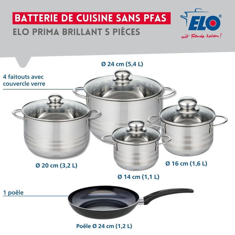 Ensemble de 1 Poêle de cuisson 24 cm et 4 faitouts 14, 16, 20 et 24 cm Elo Prima Brillant