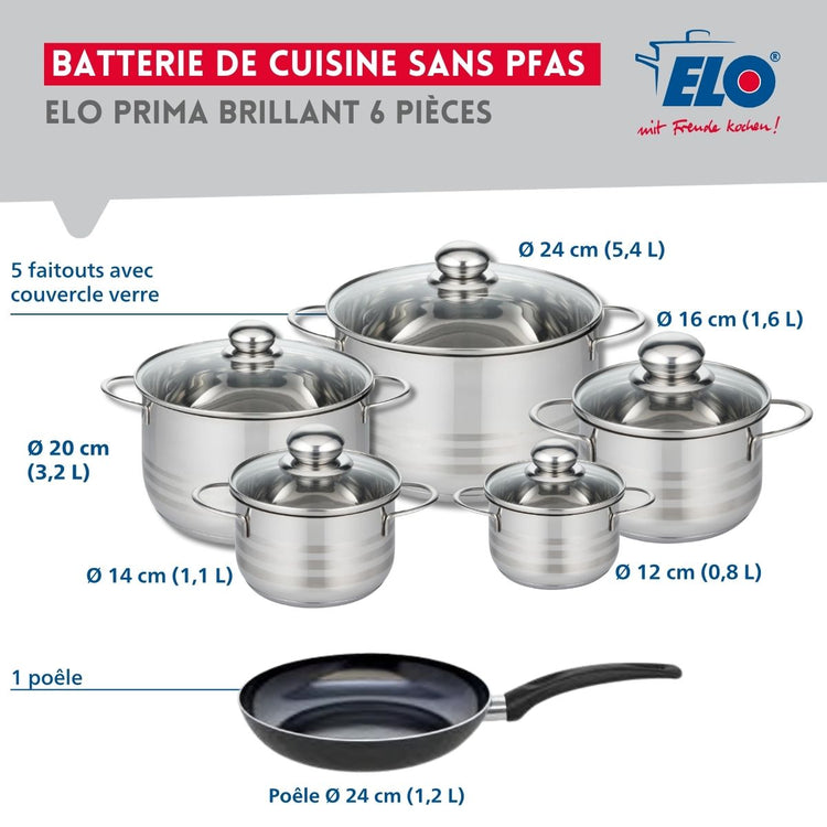 Ensemble de 1 Poêle de cuisson 24 cm et 5 faitouts 12, 14, 16, 20 et 24 cm Elo Prima Brillant