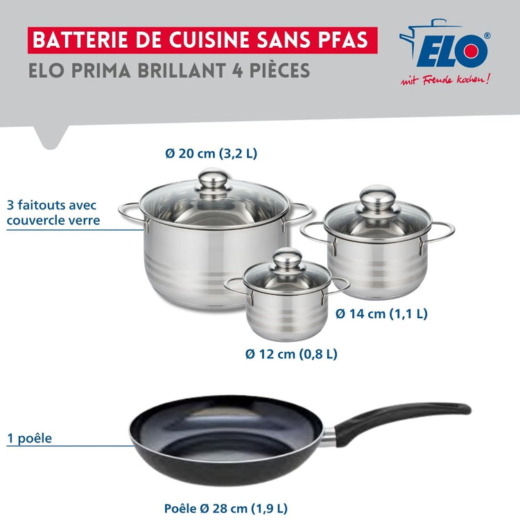 Ensemble de 1 Poêle de cuisson 28 cm et 3 faitouts 12, 14 et 20 cm Elo Prima Brillant