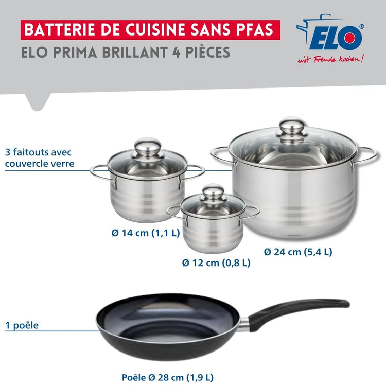 Ensemble de 1 Poêle de cuisson 28 cm et 3 faitouts 12, 14 et 24 cm Elo Prima Brillant