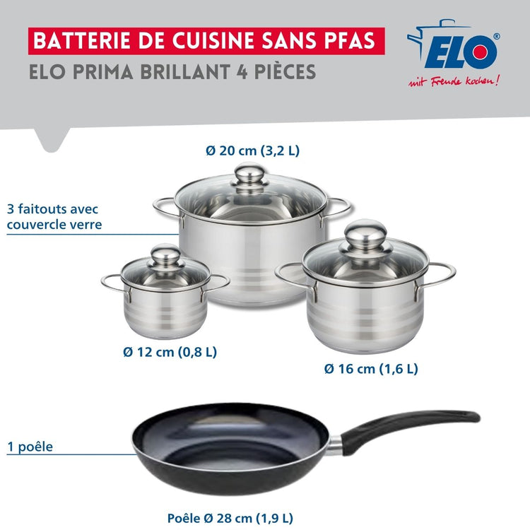 Ensemble de 1 Poêle de cuisson 28 cm et 3 faitouts 12, 16 et 20 cm Elo Prima Brillant