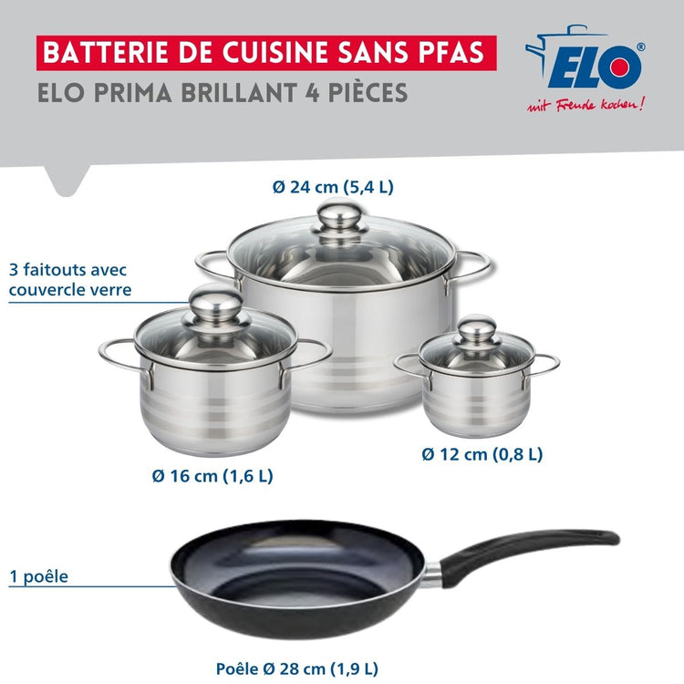 Ensemble de 1 Poêle de cuisson 28 cm et 3 faitouts 12, 16 et 24 cm Elo Prima Brillant