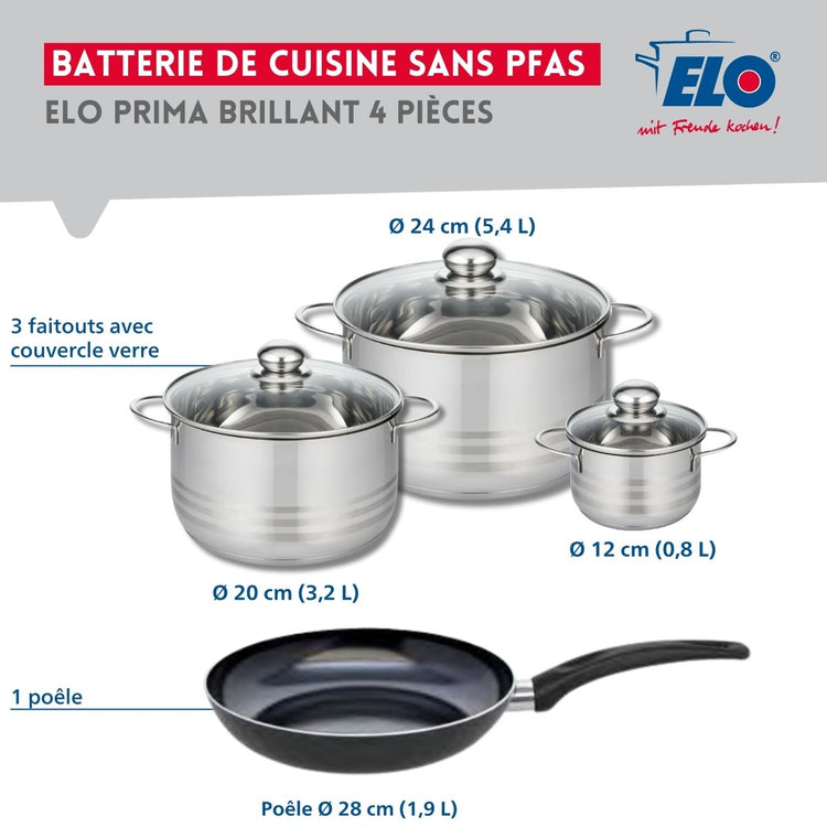 Ensemble de 1 Poêle de cuisson 28 cm et 3 faitouts 12, 20 et 24 cm Elo Prima Brillant